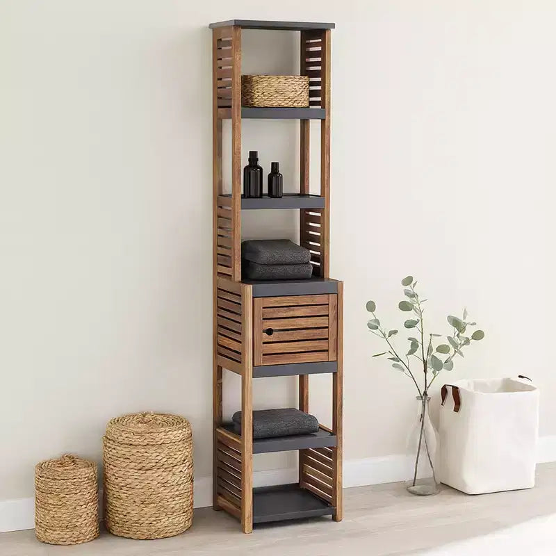 Armadietto verticale alto da bagno per la biancheria, 5 ripiani, 1 anta, in acacia e MDF, 15,3"L x 67"A