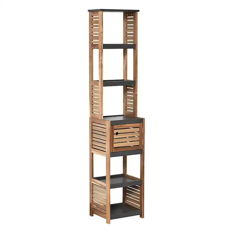 Armadietto verticale alto da bagno per la biancheria, 5 ripiani, 1 anta, in acacia e MDF, 15,3"L x 67"A