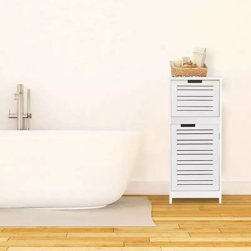 Armadietto a terra per biancheria da bagno con anta a persiana, 1 cassetto e ripiano regolabile, 14,7"L x 32,12"A