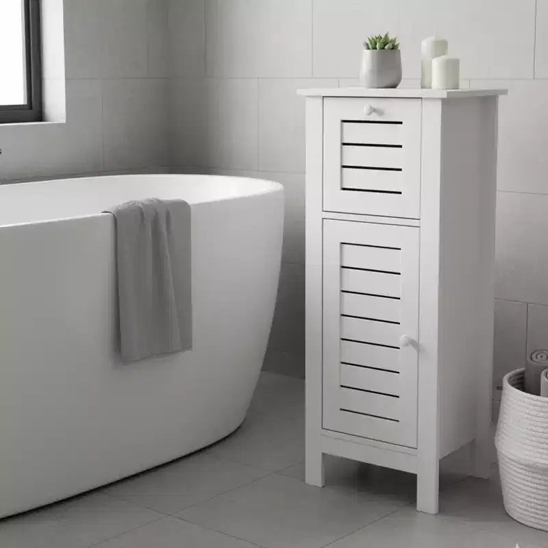 Armadietto a terra per biancheria da bagno con anta a persiana, 1 cassetto e ripiano regolabile, 14,7"L x 32,12"A