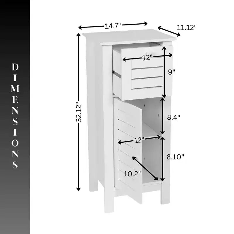 Armadietto a terra per biancheria da bagno con anta a persiana, 1 cassetto e ripiano regolabile, 14,7"L x 32,12"A