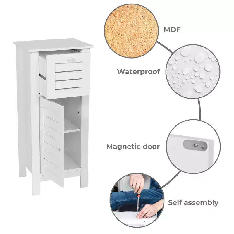 Armadietto a terra per biancheria da bagno con anta a persiana, 1 cassetto e ripiano regolabile, 14,7"L x 32,12"A