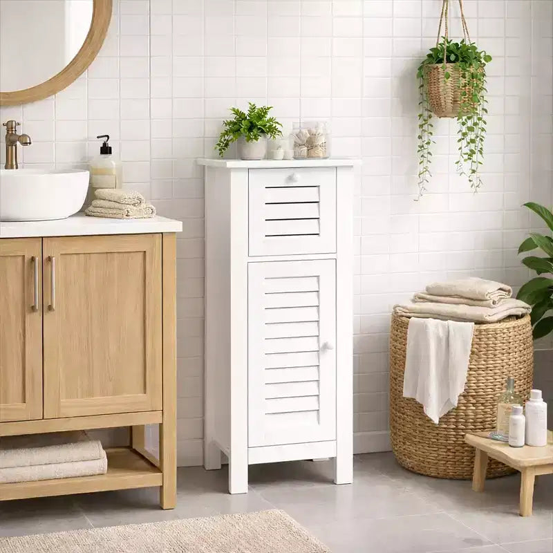 Armadietto a terra per biancheria da bagno con anta a persiana, 1 cassetto e ripiano regolabile, 14,7"L x 32,12"A