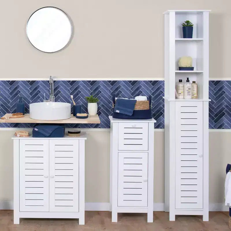 Armadietto a terra per biancheria da bagno con anta a persiana, 1 cassetto e ripiano regolabile, 14,7"L x 32,12"A