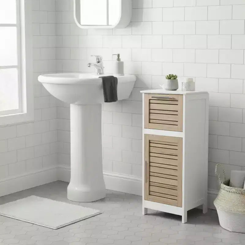 Armadietto a terra per biancheria da bagno con anta a persiana, 1 cassetto e ripiano regolabile, 14,7"L x 32,12"A