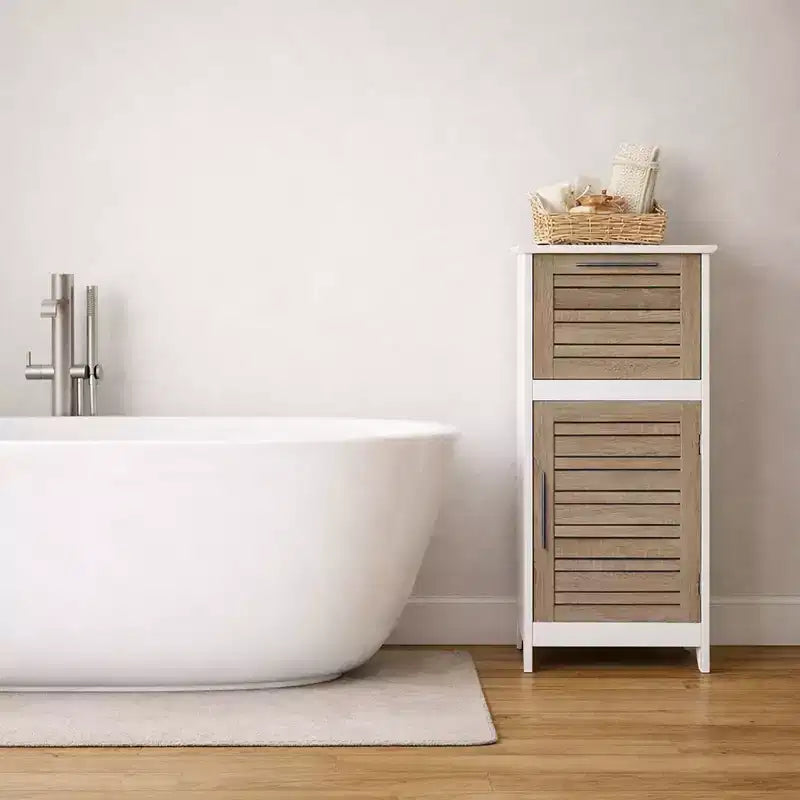 Armadietto a terra per biancheria da bagno con anta a persiana, 1 cassetto e ripiano regolabile, 14,7"L x 32,12"A