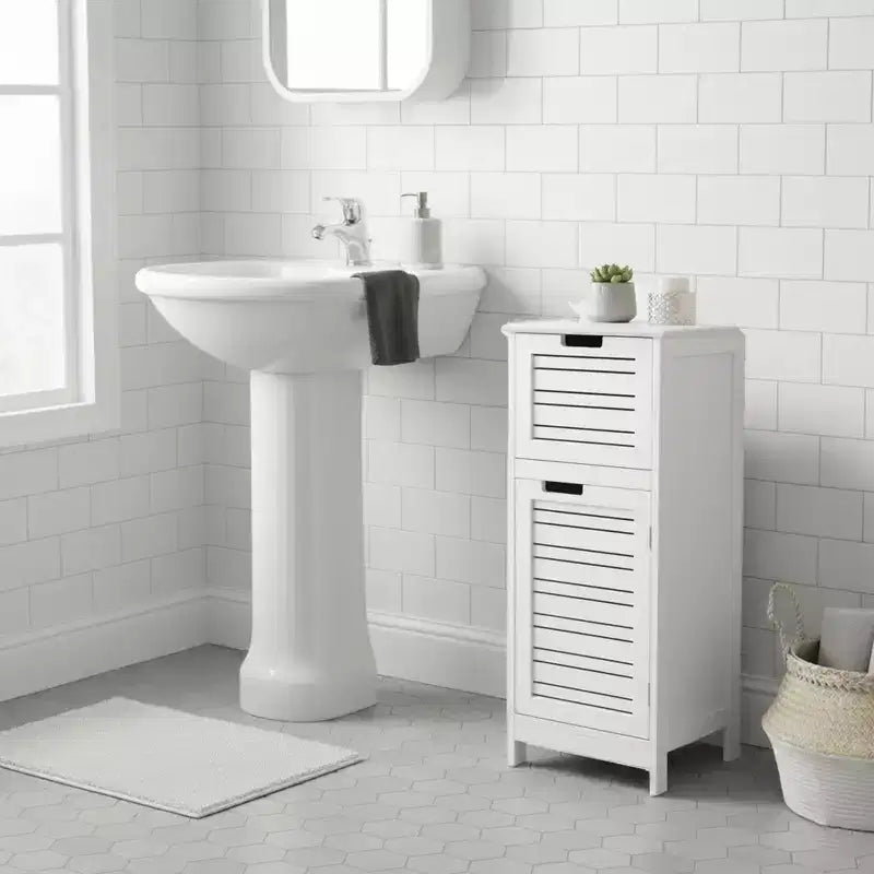 Armadietto a terra per biancheria da bagno con anta a persiana, 1 cassetto e ripiano regolabile, 14,7"L x 32,12"A