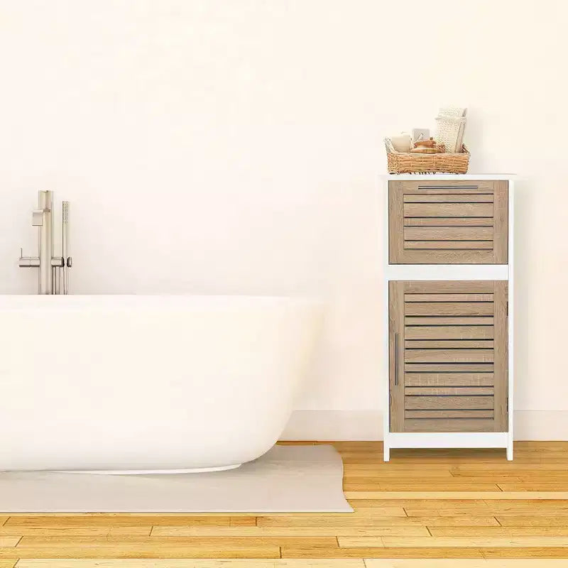 Armadietto a terra per biancheria da bagno con anta a persiana, 1 cassetto e ripiano regolabile, 14,7"L x 32,12"A