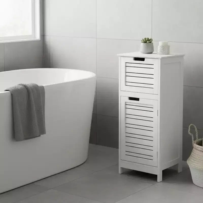 Armadietto a terra per biancheria da bagno con anta a persiana, 1 cassetto e ripiano regolabile, 14,7"L x 32,12"A