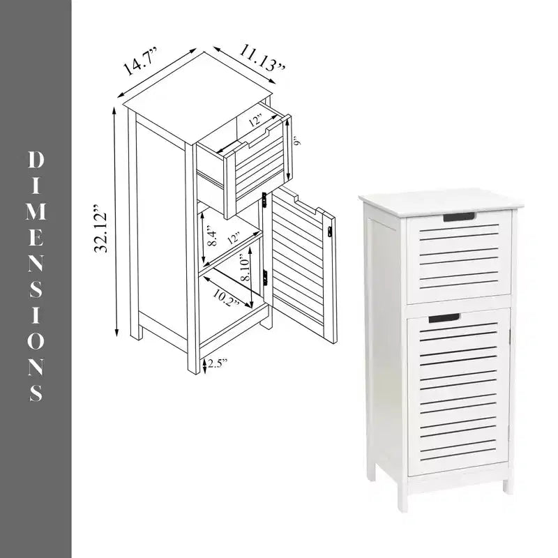 Armadietto a terra per biancheria da bagno con anta a persiana, 1 cassetto e ripiano regolabile, 14,7"L x 32,12"A