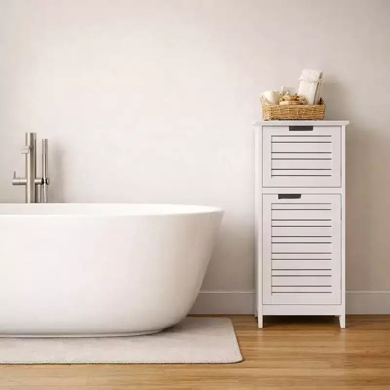Armadietto a terra per biancheria da bagno con anta a persiana, 1 cassetto e ripiano regolabile, 14,7"L x 32,12"A