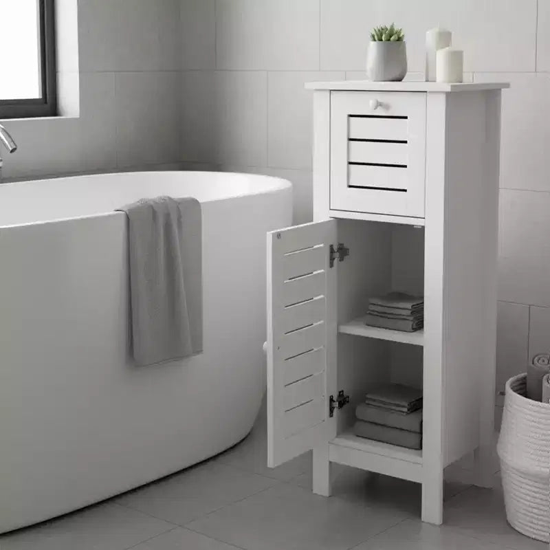Armadietto a terra per biancheria da bagno con anta a persiana, 1 cassetto e ripiano regolabile, 14,7"L x 32,12"A