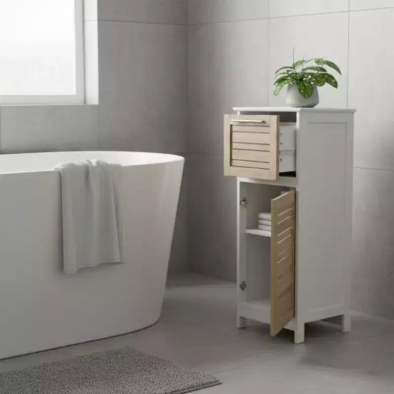 Armadietto a terra per biancheria da bagno con anta a persiana, 1 cassetto e ripiano regolabile, 14,7"L x 32,12"A