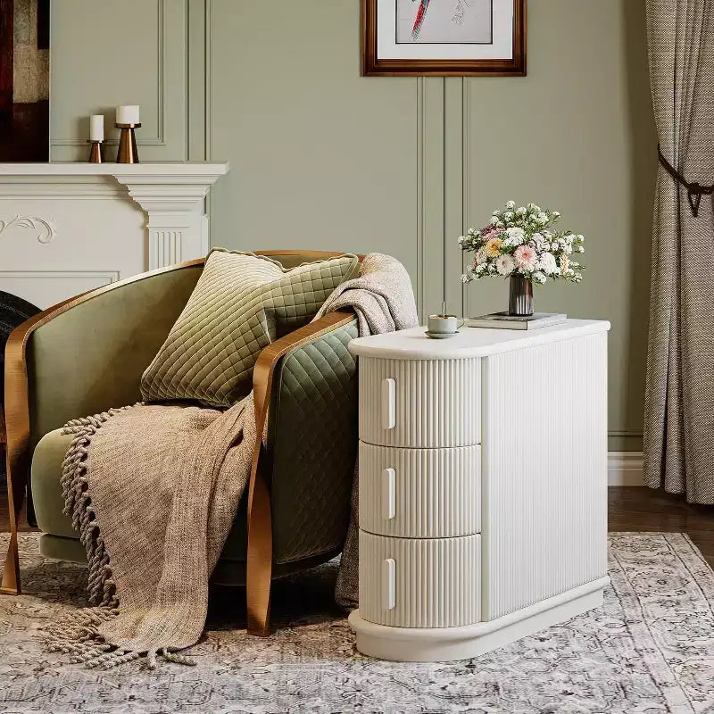 Tavolino con 3 cassetti Slim, Finitura Noce, Legno massello e MDF, Nessun montaggio richiesto