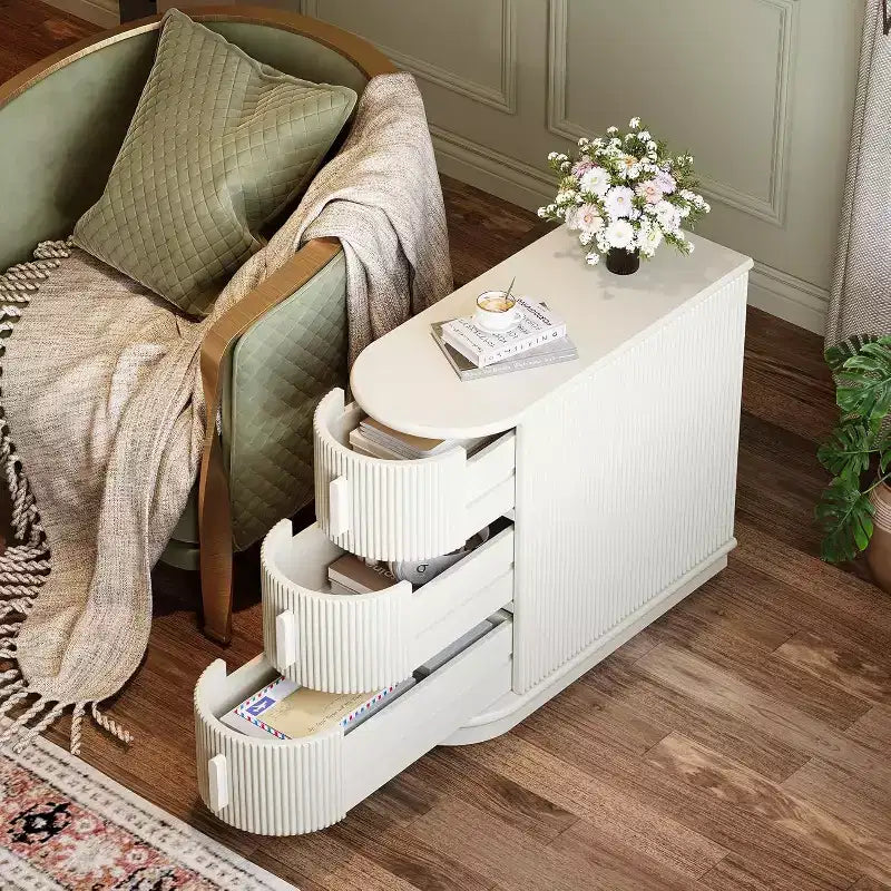 Tavolino con 3 cassetti Slim, Finitura Noce, Legno massello e MDF, Nessun montaggio richiesto