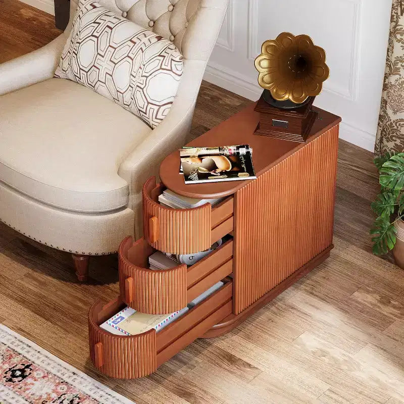 Tavolino con 3 cassetti Slim, Finitura Noce, Legno massello e MDF, Nessun montaggio richiesto