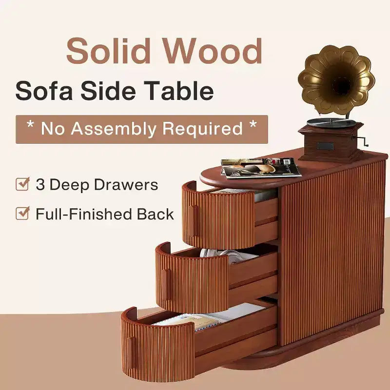 Tavolino con 3 cassetti Slim, Finitura Noce, Legno massello e MDF, Nessun montaggio richiesto