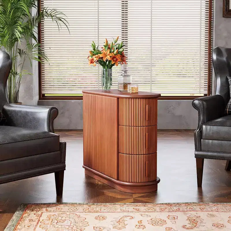 Tavolino con 3 cassetti Slim, Finitura Noce, Legno massello e MDF, Nessun montaggio richiesto