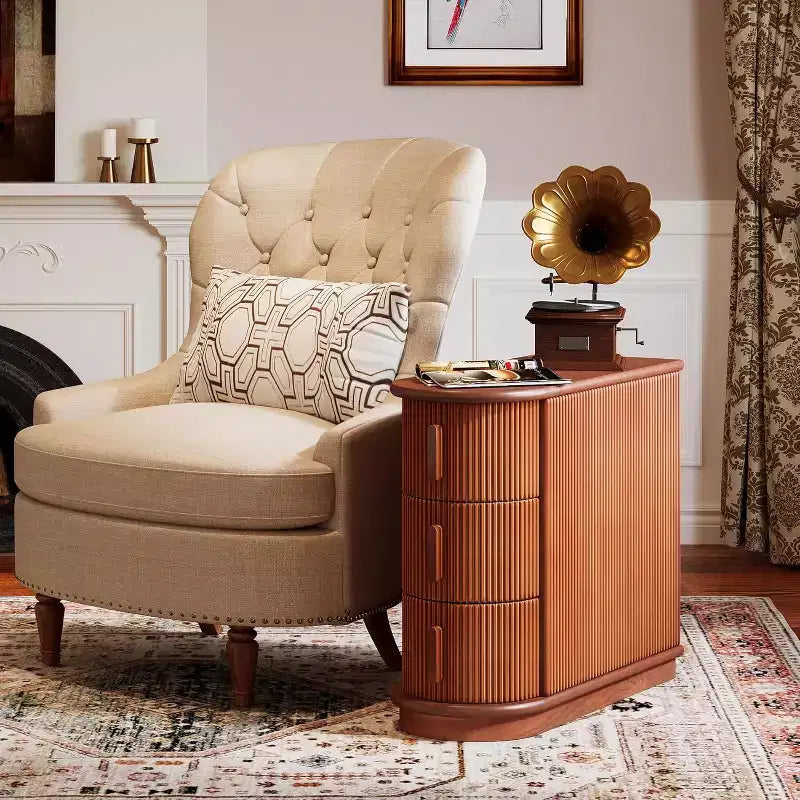 Tavolino con 3 cassetti Slim, Finitura Noce, Legno massello e MDF, Nessun montaggio richiesto
