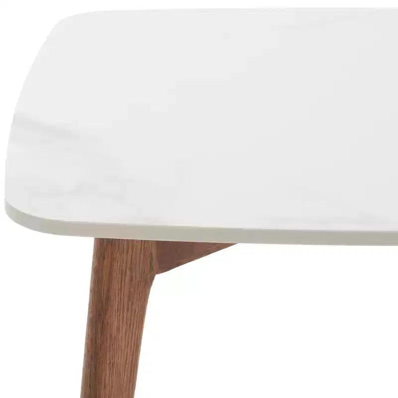 Tavolino finale quadrato, piano in finto marmo bianco, gambe in rovere, stile metà secolo, 50,8 cm L x 50,8 cm P x 45,7 cm H
