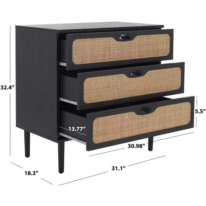 Cassettiera a 3 cassetti con rete in rattan, superficie in legno di gomma, ferramenta antiribaltamento, capacità 79 kg