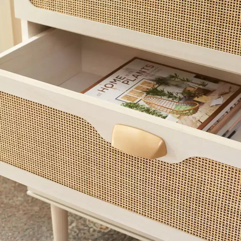 Cassettiera a 3 cassetti con rete in rattan, superficie in legno di gomma, ferramenta antiribaltamento, capacità 79 kg