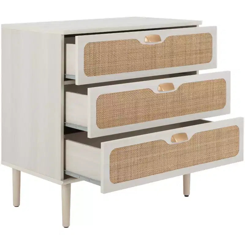 Cassettiera a 3 cassetti con rete in rattan, superficie in legno di gomma, ferramenta antiribaltamento, capacità 79 kg