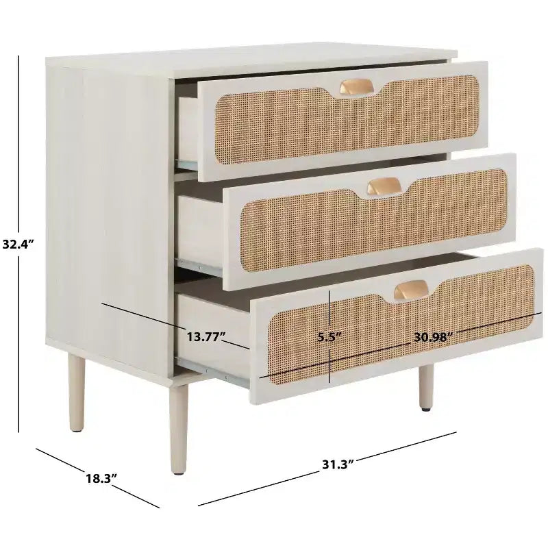 Cassettiera a 3 cassetti con rete in rattan, superficie in legno di gomma, ferramenta antiribaltamento, capacità 79 kg