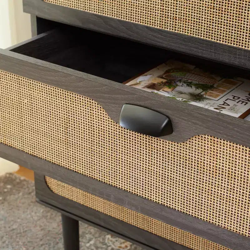 Cassettiera a 3 cassetti con rete in rattan, superficie in legno di gomma, ferramenta antiribaltamento, capacità 79 kg