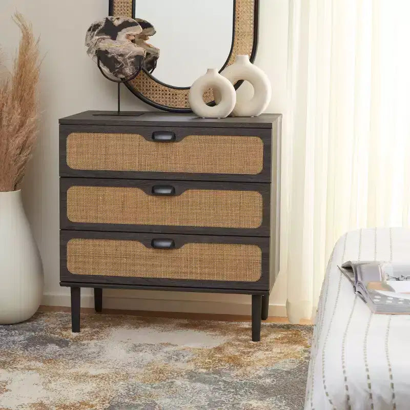 Cassettiera a 3 cassetti con rete in rattan, superficie in legno di gomma, ferramenta antiribaltamento, capacità 79 kg