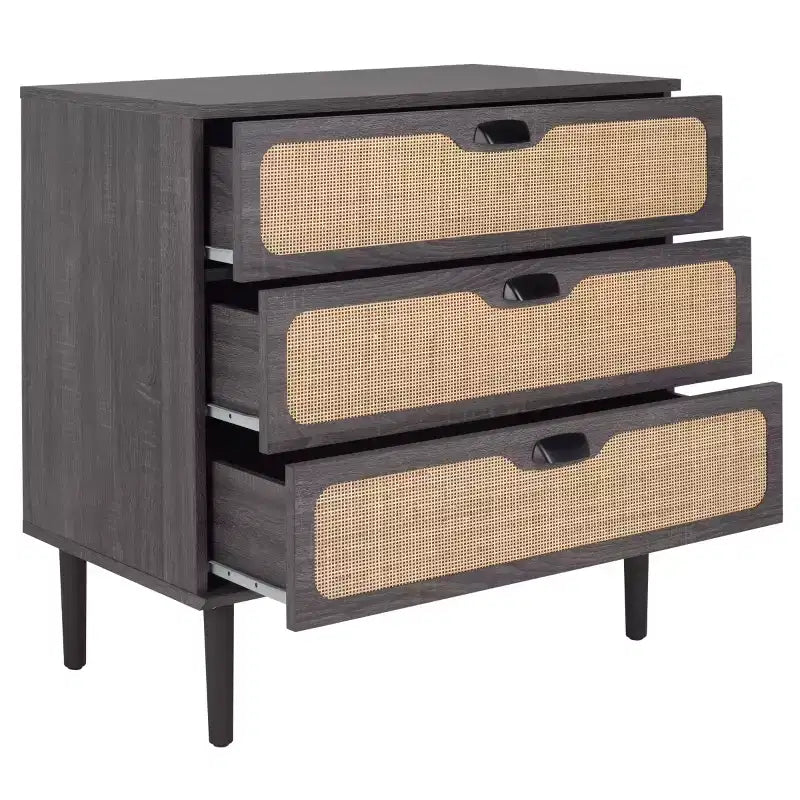 Cassettiera a 3 cassetti con rete in rattan, superficie in legno di gomma, ferramenta antiribaltamento, capacità 79 kg