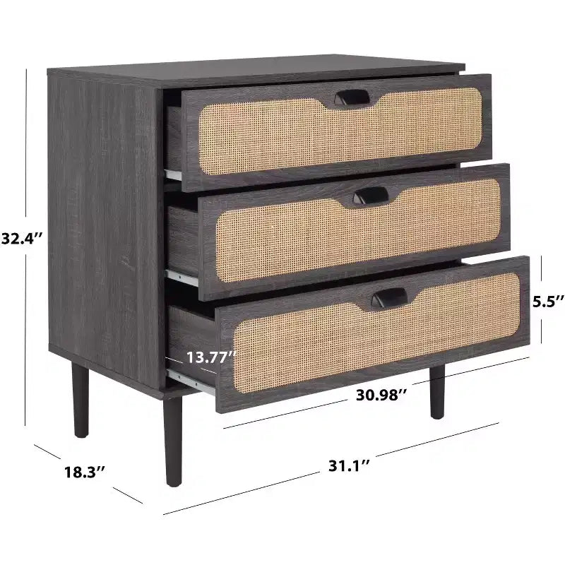Cassettiera a 3 cassetti con rete in rattan, superficie in legno di gomma, ferramenta antiribaltamento, capacità 79 kg