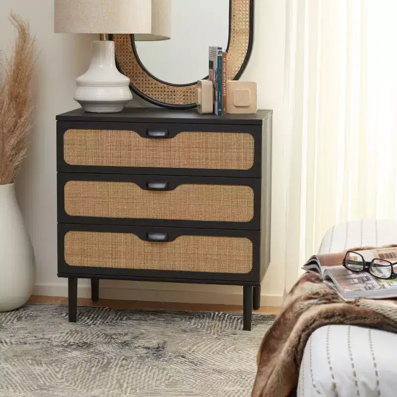 Cassettiera a 3 cassetti con rete in rattan, superficie in legno di gomma, ferramenta antiribaltamento, capacità 79 kg
