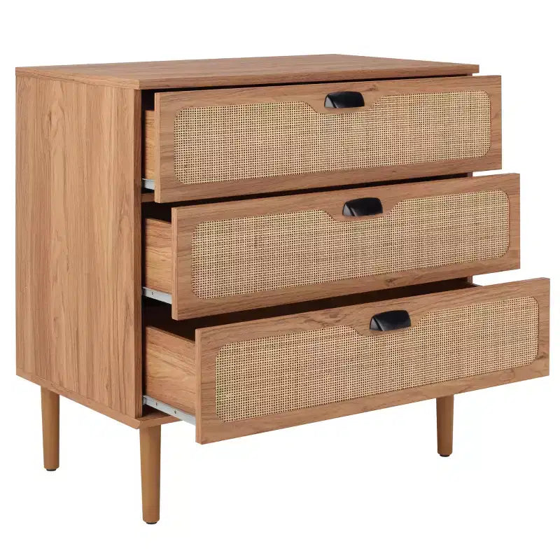 Cassettiera a 3 cassetti con rete in rattan, superficie in legno di gomma, ferramenta antiribaltamento, capacità 79 kg