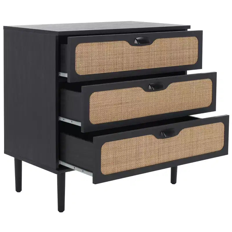 Cassettiera a 3 cassetti con rete in rattan, superficie in legno di gomma, ferramenta antiribaltamento, capacità 79 kg