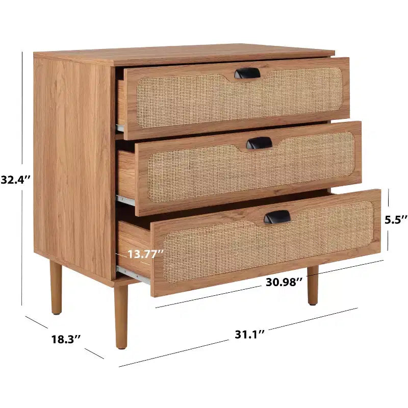 Cassettiera a 3 cassetti con rete in rattan, superficie in legno di gomma, ferramenta antiribaltamento, capacità 79 kg