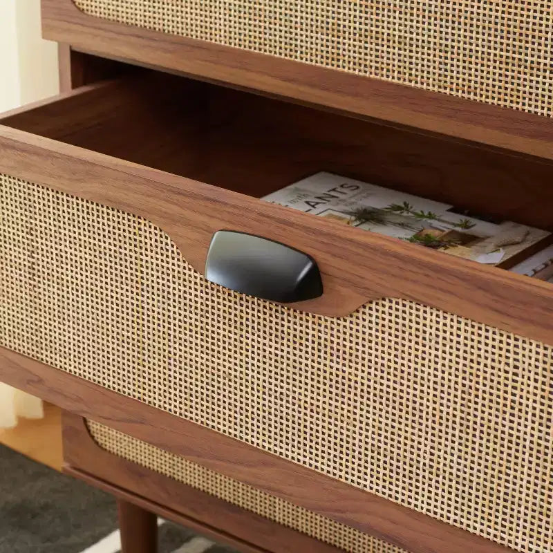 Cassettiera a 3 cassetti con rete in rattan, superficie in legno di gomma, ferramenta antiribaltamento, capacità 79 kg