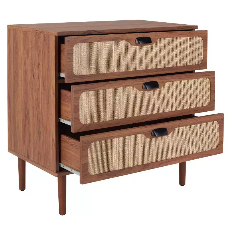 Cassettiera a 3 cassetti con rete in rattan, superficie in legno di gomma, ferramenta antiribaltamento, capacità 79 kg