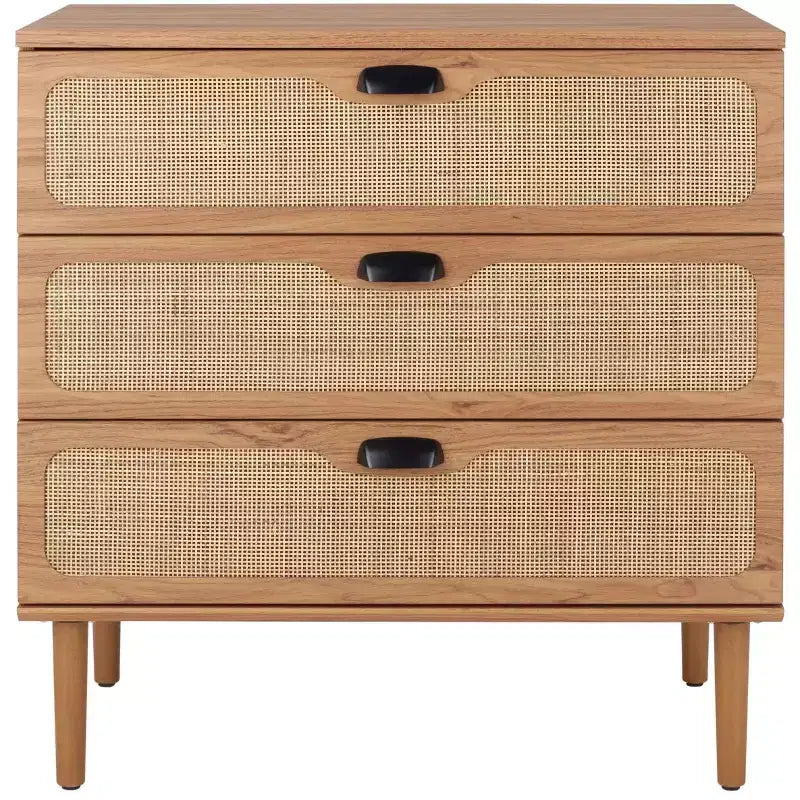 Cassettiera a 3 cassetti con rete in rattan, superficie in legno di gomma, ferramenta antiribaltamento, capacità 79 kg