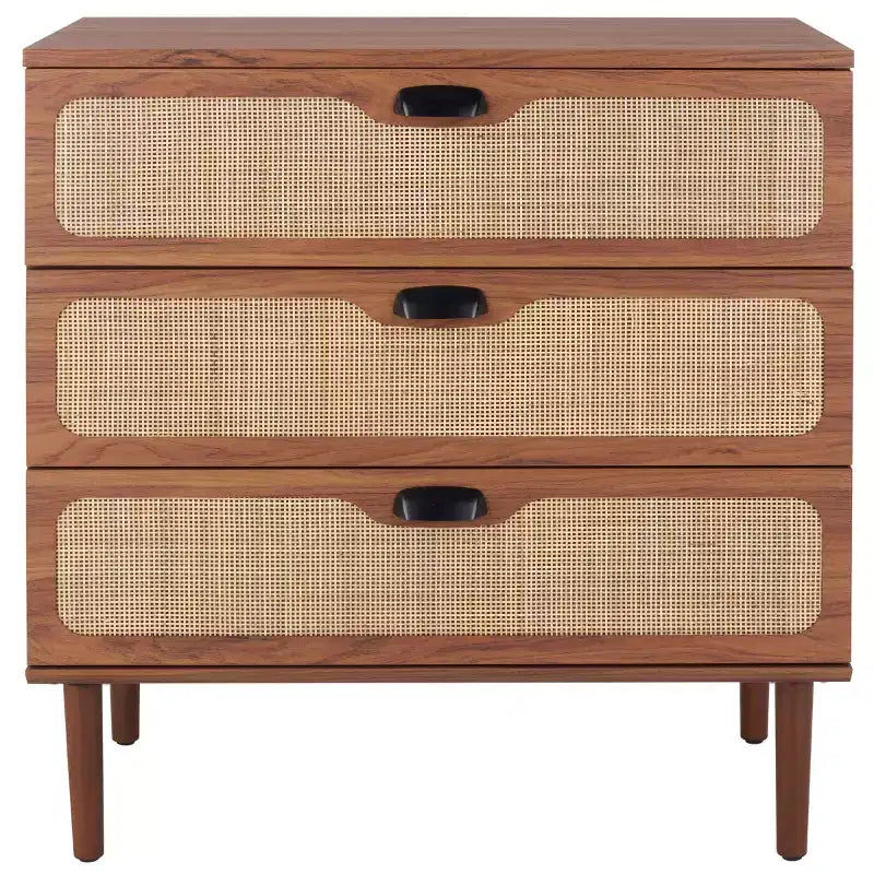 Cassettiera a 3 cassetti con rete in rattan, superficie in legno di gomma, ferramenta antiribaltamento, capacità 79 kg