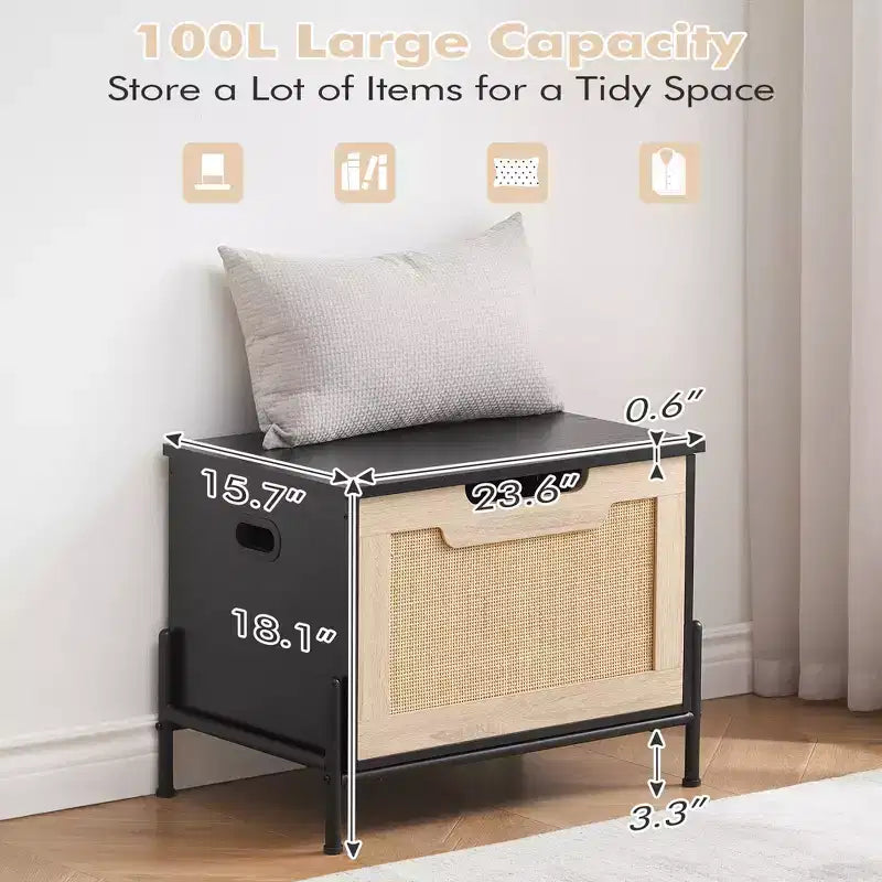 Panca contenitore in rattan con cuscino, nera, 60 cm L x 40 cm P x 46 cm A, ingresso