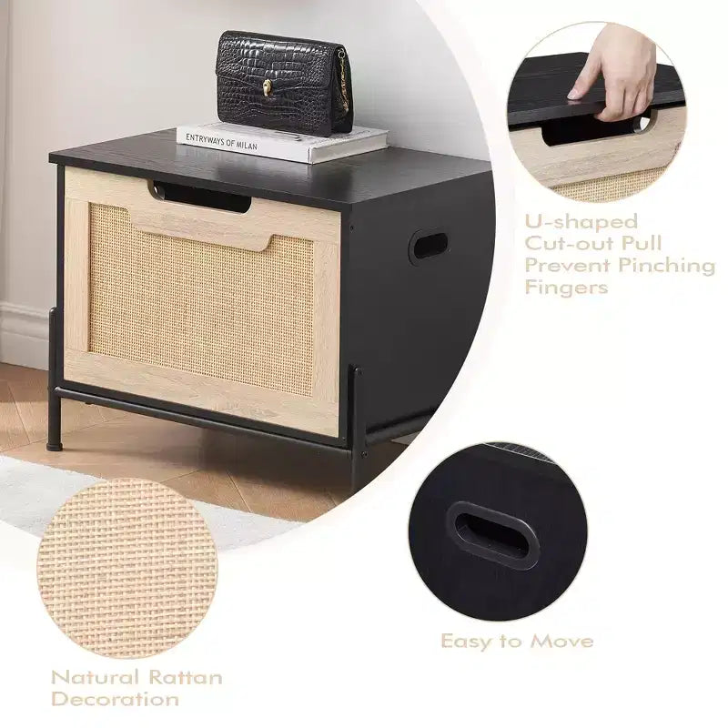 Panca contenitore in rattan con cuscino, nera, 60 cm L x 40 cm P x 46 cm A, ingresso