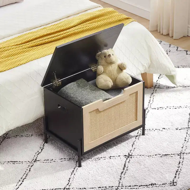Panca contenitore in rattan con cuscino, nera, 60 cm L x 40 cm P x 46 cm A, ingresso