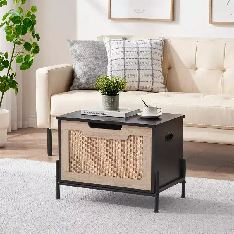 Panca contenitore in rattan con cuscino, nera, 60 cm L x 40 cm P x 46 cm A, ingresso