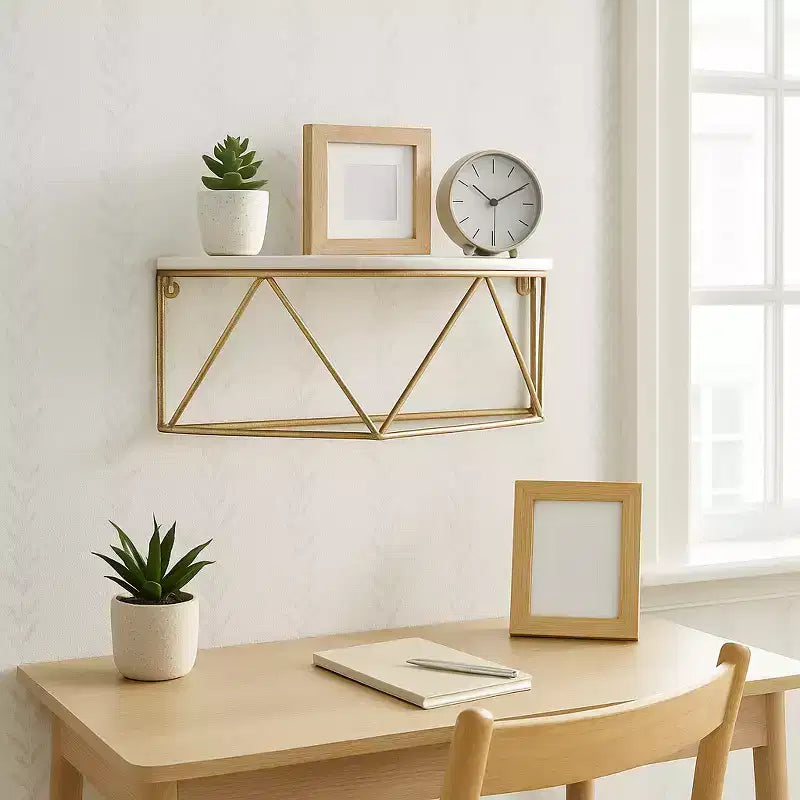 Mensola a muro a mezzaluna, metallo bianco e oro, mensola flottante a mezza luna, 40,6 cm L x 20,3 cm P x 17,8 cm H