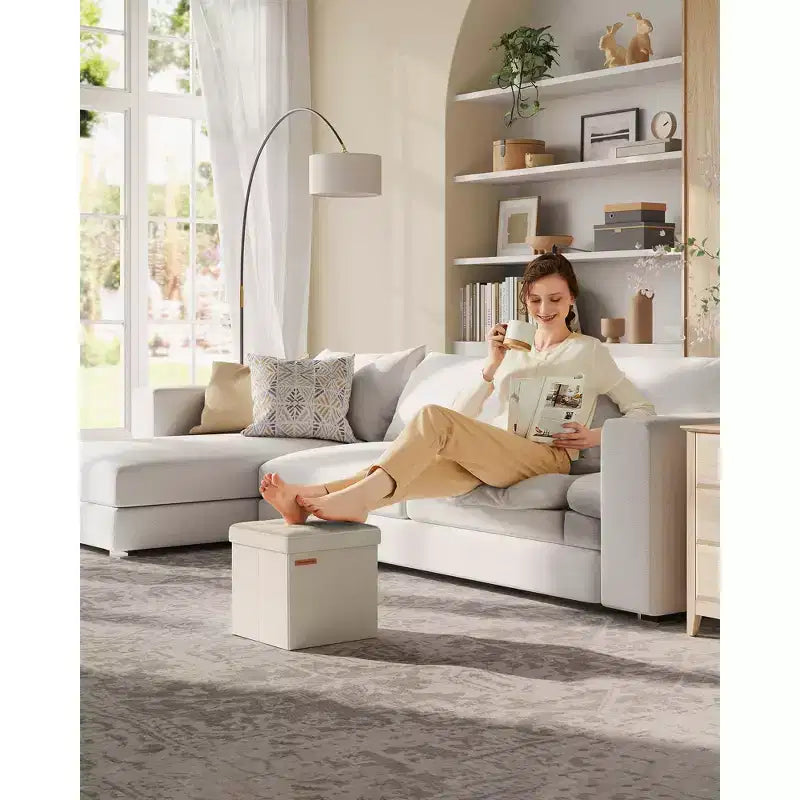 Pouf Contenitore Pieghevole Cubo, Tessuto effetto lino, Cubo da 30 cm, Capacità 130 kg, 23 Litri