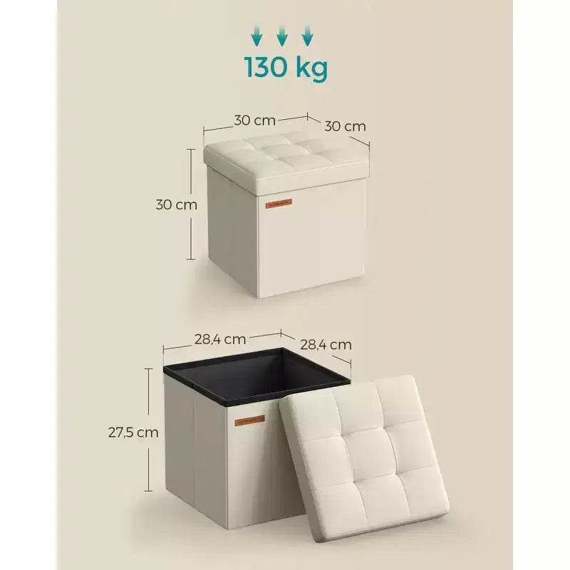 Pouf Contenitore Pieghevole Cubo, Tessuto effetto lino, Cubo da 30 cm, Capacità 130 kg, 23 Litri