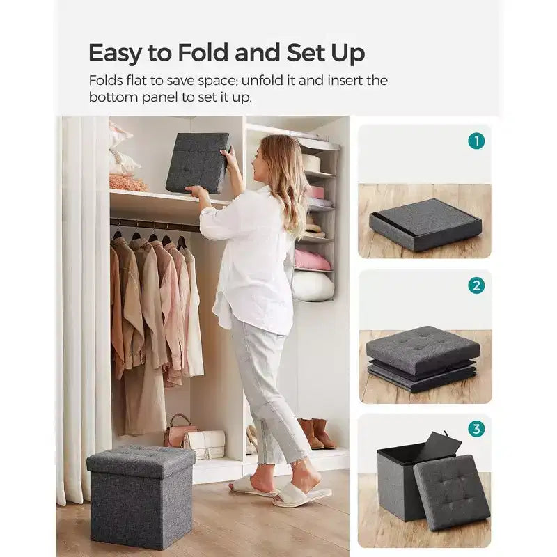 Pouf Contenitore Pieghevole Cubo, Tessuto effetto lino, Cubo da 30 cm, Capacità 130 kg, 23 Litri