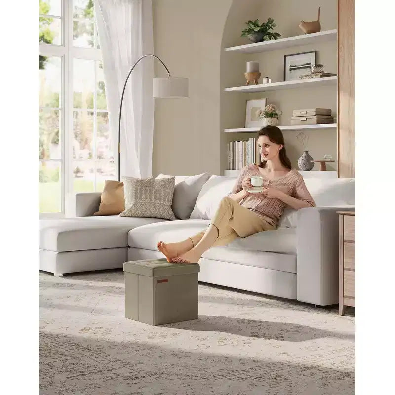 Pouf Contenitore Pieghevole Cubo, Tessuto effetto lino, Cubo da 30 cm, Capacità 130 kg, 23 Litri