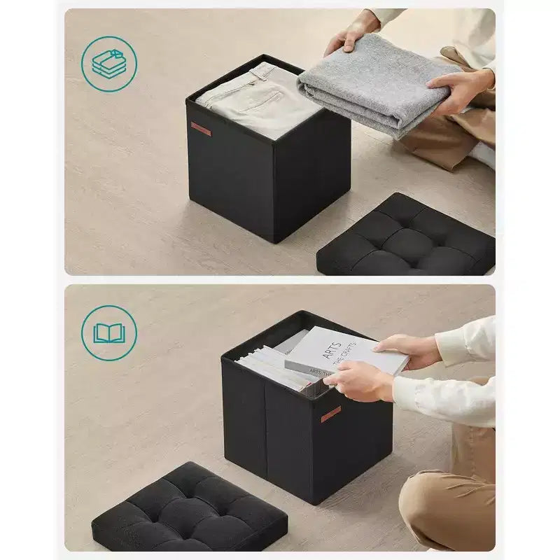 Pouf Contenitore Pieghevole Cubo, Tessuto effetto lino, Cubo da 30 cm, Capacità 130 kg, 23 Litri